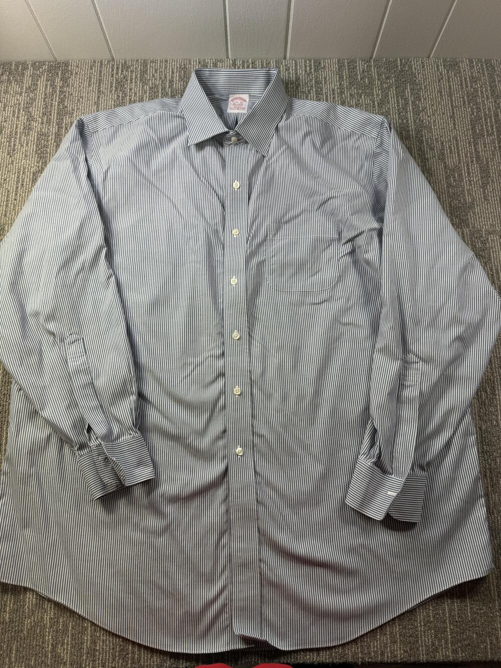 Brooks Brothers Dress Shirt Mens 17.5 34/35 Blue Stripe Madison Non Iron LS